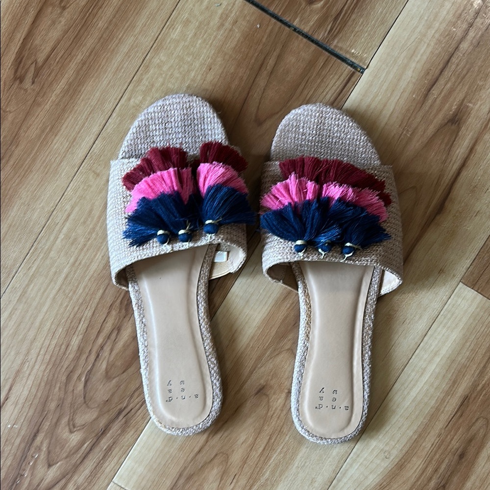 A New Day Tan and Pink Slide Sandals with Pom-Pom Fringe